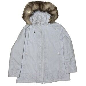 London Fog Slate Ice Blue Gray Embroidered Quilted Fur Hood Full Zip Coat XL